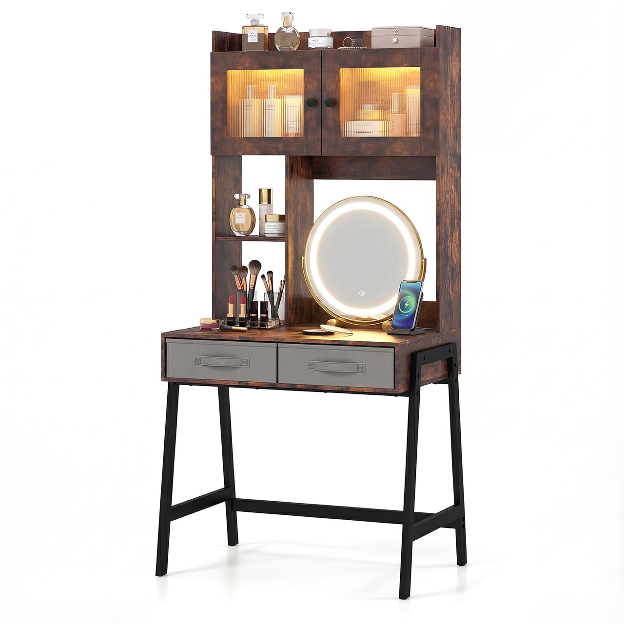 Rustic Brown White Vanity Table LED Rotatable Mirror Makeup Desk With Storage